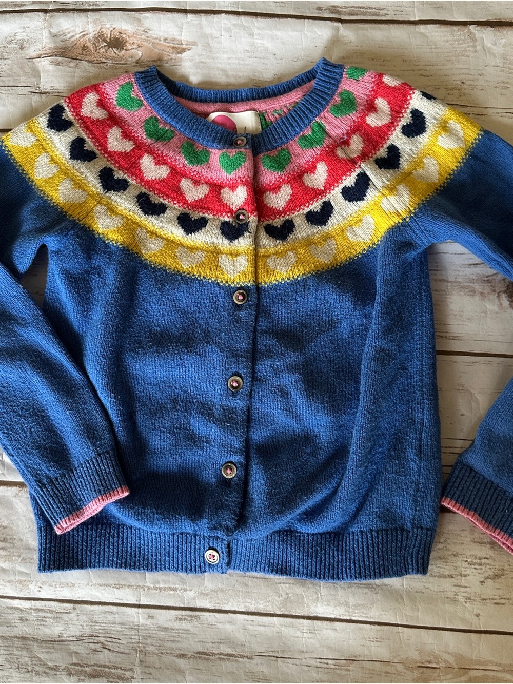 Mini Boden heart cardigan fair pilling 6/7